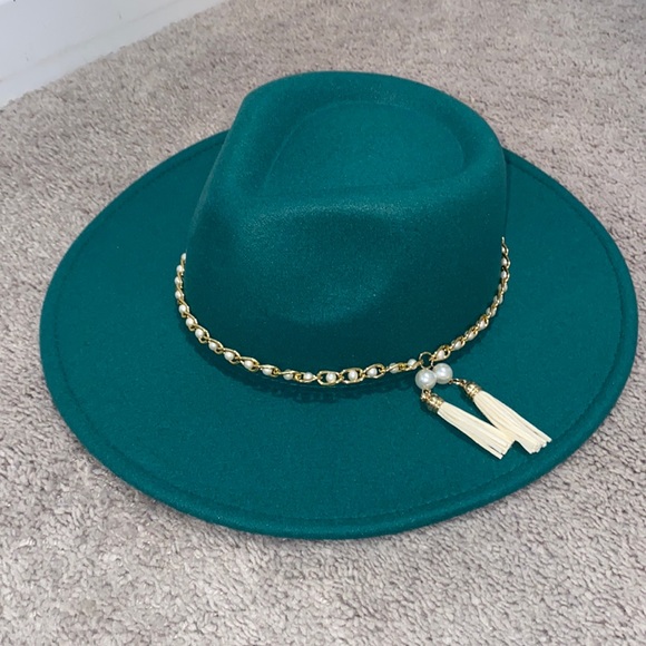 Green cowboy flat hat with pearl headband adjustable - Picture 1 of 3